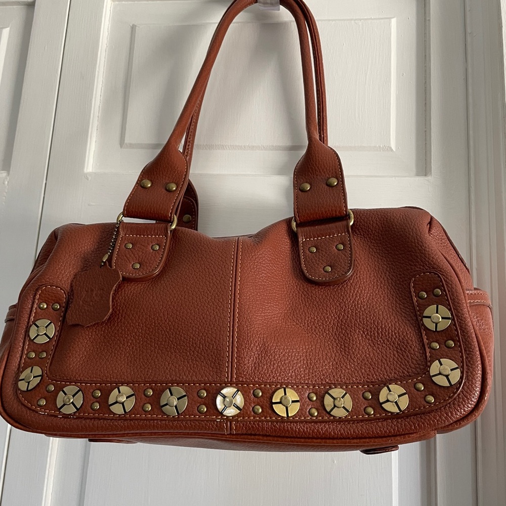 Marc Chantel Brown Leather Shoulder Bag with Gold Embellishments Purse